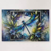 Dragonfly Bleu Botanique Aquarelle