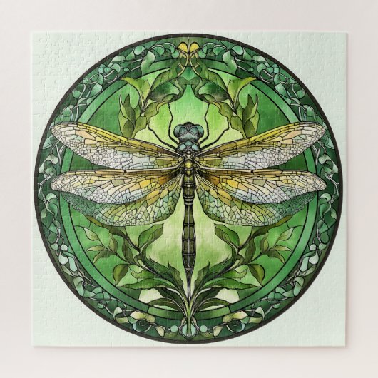 Puzzle Dragonfly ornée avec cadre floral vert (Vertical)