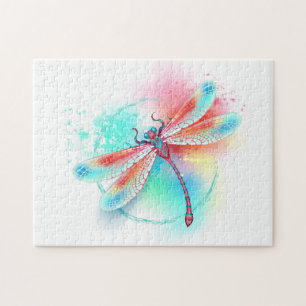 Puzzle Dragonfly rouge sur l'arrière - plan aquarelle
