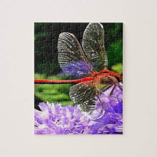 Puzzle Dragonfly rouge sur Violet Violet Fleurs (Vertical)