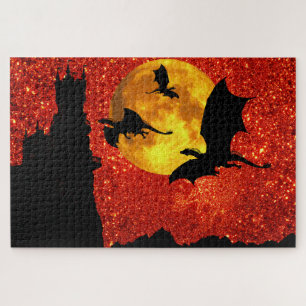 Puzzle Dragons volants, château de falaises, pleine lune,
