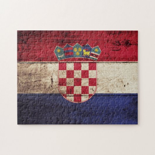 Puzzle Drapeau de la Croatie sur le vieux grain en bois (Horizontal)