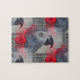 Puzzle Dreamy African Grey with Red Roses