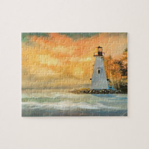 Puzzle du phare blanc et coucher de soleil