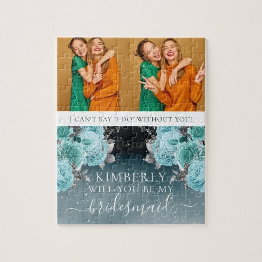 Puzzle Dusty Blue Floral Be My Bridesmaid Photo (Vertical)