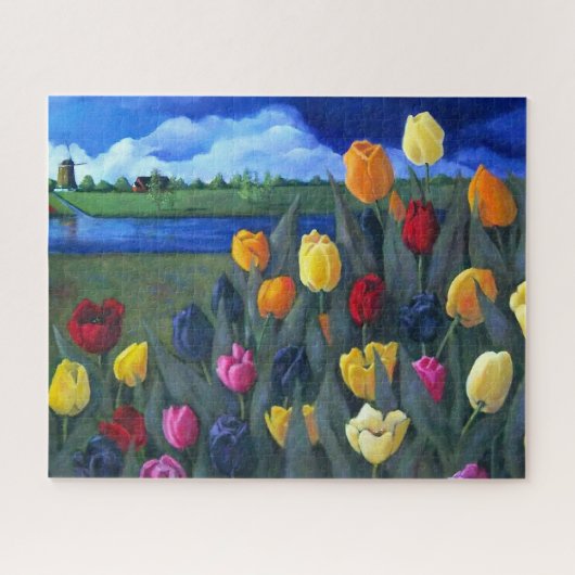 Puzzle Dutch Tulips Painting and Windmill, Netherlands (Horizontal)