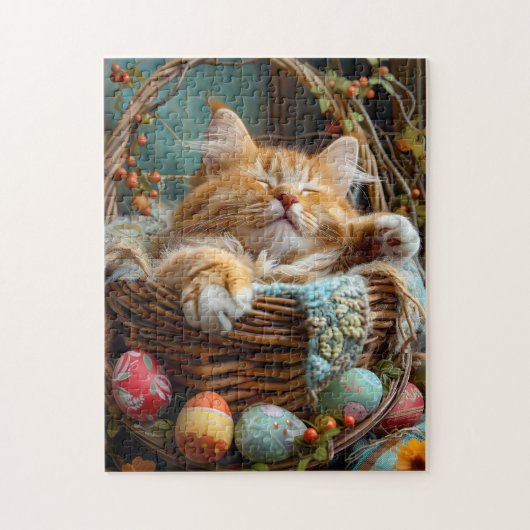 Puzzle Easter Season Cute Cat Sleeping in Wicker Basket (Vertical)
