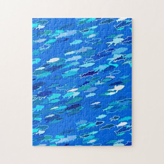Puzzle École de poisson, bleu foncé, blanc et turquoise (Vertical)