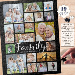 Puzzle Écriture FAMILIALE Moderne Photo Collage Nom Noir<br><div class="desc">Créez facilement une activité familiale amusante ou un passe-temps rempli de souvenirs avec ce puzzle photo-collage moderne avec une variété de tailles et de formes pour 19 photos et le titre FAMILY dans une police de texte manuscrite chic pointillé d'un coeur et personnalisée avec le nom de la famille. CONSEIL...</div>