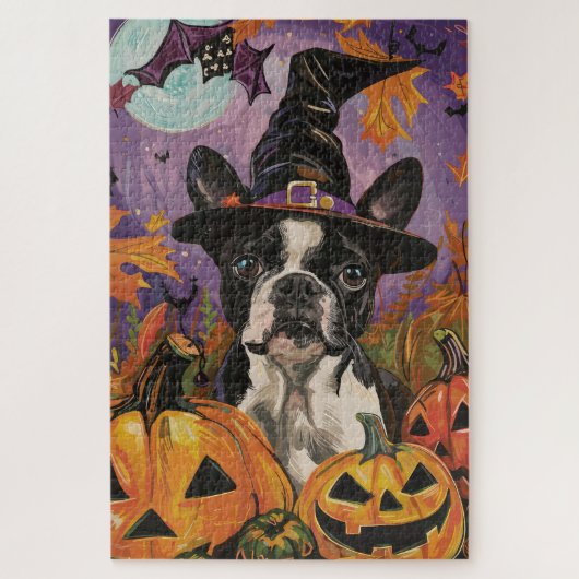 Puzzle Éffrayant Boston Terrier Halloween Witch Et Citrou (Vertical)