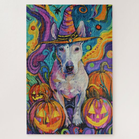 Puzzle Éffrayant Bull Terrier Halloween sorcière et Citro (Vertical)