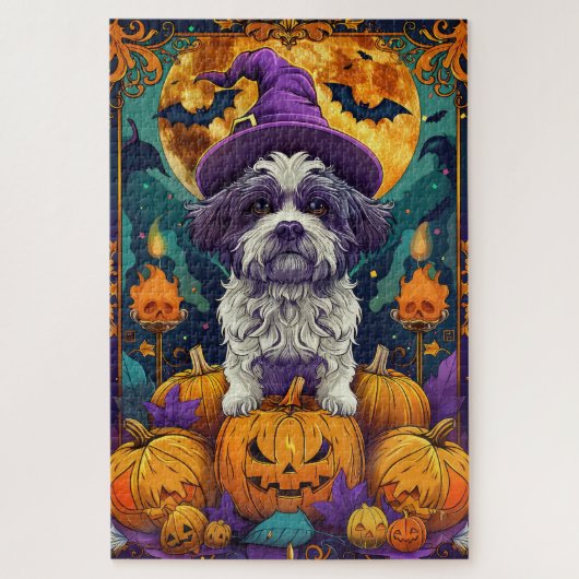 Puzzle Éffrayant Chih Tzu Chien Halloween sorcière et Cit (Vertical)
