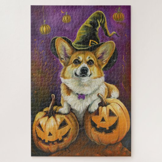 Puzzle Éffrayant Corgi Chien Halloween Citrouille sorcier (Vertical)