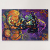 Puzzle Éffrayant Dachshund Chien Halloween sorcière et Ci (Horizontal)