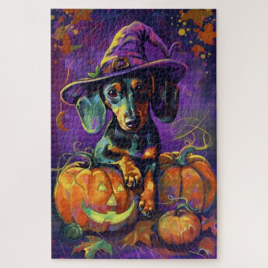 Puzzle Éffrayant Dachshund Chien Halloween sorcière et Ci (Vertical)