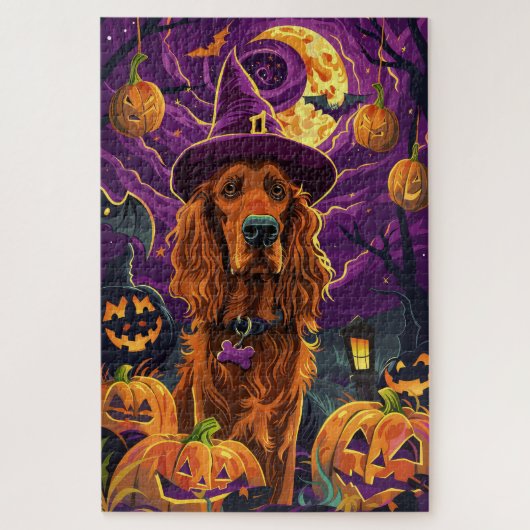 Puzzle Éffrayant Irish Red Setter Citrouille de sorcière  (Vertical)