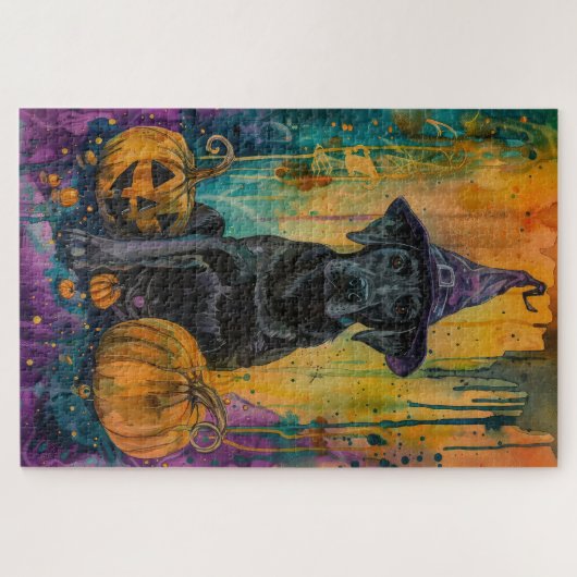 Puzzle Éffrayant Labrador Chien Halloween Sorcière Et Cit (Horizontal)