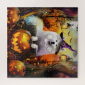 Puzzle Éffrayant Samoyed Chien Halloween sorcière et Citr (Horizontal)