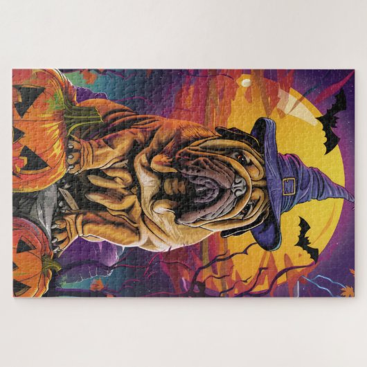 Puzzle Éffrayant Shar Pei Chien Halloween sorcière et Cit (Horizontal)