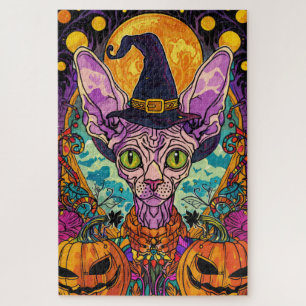 Puzzle Éffrayant Sphynx Chat Halloween sorcière et Citrou
