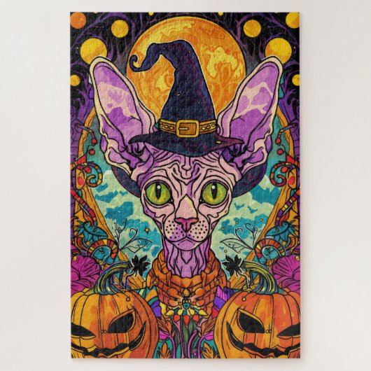 Puzzle Éffrayant Sphynx Chat Halloween sorcière et Citrou (Vertical)