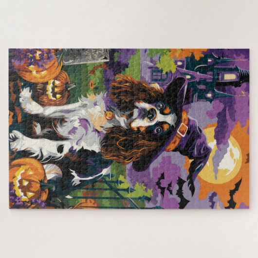 Puzzle Éffrayant Springer Spaniel Halloween Witch Citroui (Horizontal)