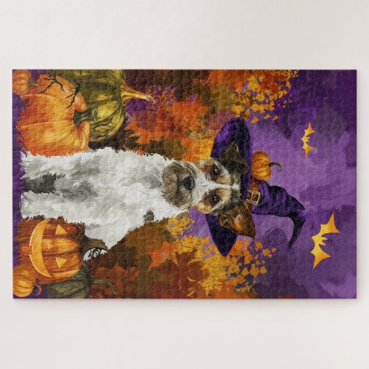 Puzzle Éffrayant Wirefox Terrier Chien Halloween Citrouil (Horizontal)