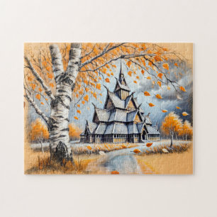 Puzzle Église à colombages en dessin à la craie pastel