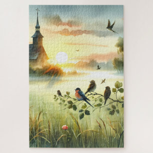 Puzzle Église au lever du soleil avec des oiseaux dans un