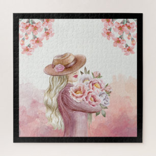Puzzle Elegance Woman with Peonies Aquarelle Art Imprimer