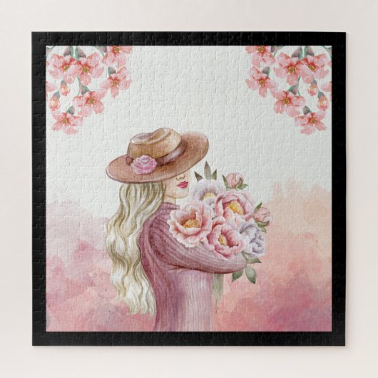 Puzzle Elegance Woman with Peonies Aquarelle Art Imprimer (Vertical)