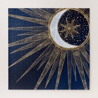 Puzzle Elégant Blue Gold Sun Moon Mandala