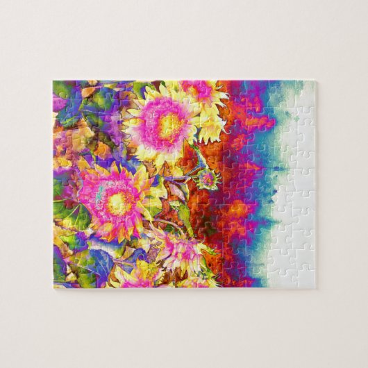 Puzzle Élégant boho rétro tournesol fleurs rose jaune (Horizontal)