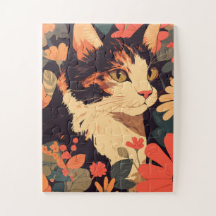 Puzzle Élégant Calico Chat dans Jardin Floral Jigsaw Puzz