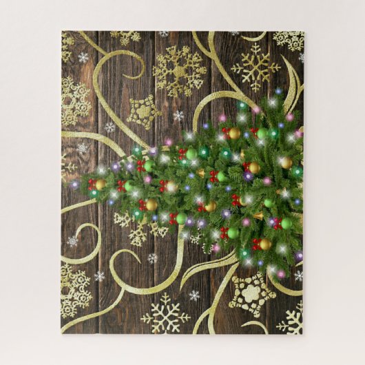 Puzzle Elegant Christmas Tree Barn Wood Gold Design (Vertical)