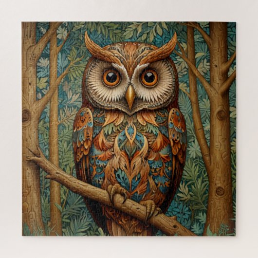 Puzzle Élégant hibou rétro boho bohème bohème forêt verte (Vertical)