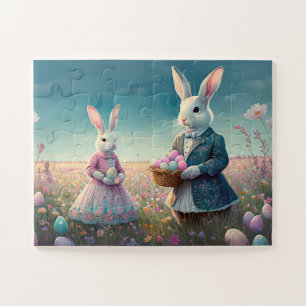 Puzzle Élégant lapin Vintage de Pâques cueillant des oeuf