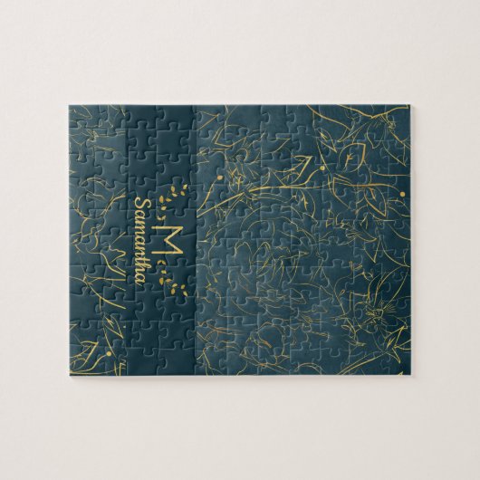 Puzzle Élégant noir Turquoise bleu & or huile florale Mon (Horizontal)