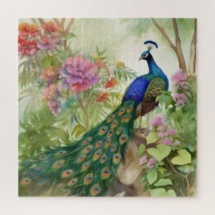 Puzzle Élégant Paon Bleu Vert Fleurs Roses Forêt