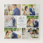 Puzzle Élégant photo de mariage récent Collage Mariage An<br><div class="desc">Ce magnifique cadeau de puzzle mariage pour couple marié comporte une mise en page classe de 6 photos mariages sur un arrière - plan blanc avec les noms, l'emplacement et la date du couple marié. Un merveilleux collage photo cadeau mariage pour les jeunes mariés ou pour un anniversaire de mari...</div>