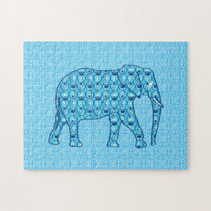 Puzzle Eléphant à fleurs de Lotus, Turquoise et Blanc