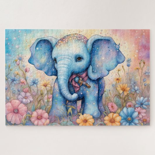 Puzzle Eléphant Bébé mignon dans un jardin pastel Daisy (Horizontal)