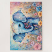 Puzzle Eléphant Bébé mignon dans un jardin pastel Daisy (Vertical)