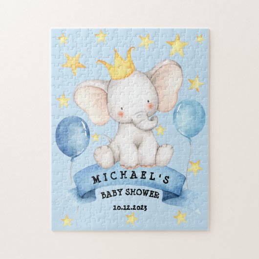 Puzzle Elephant Blue Stars Ribbon Baby shower de jeu (Vertical)