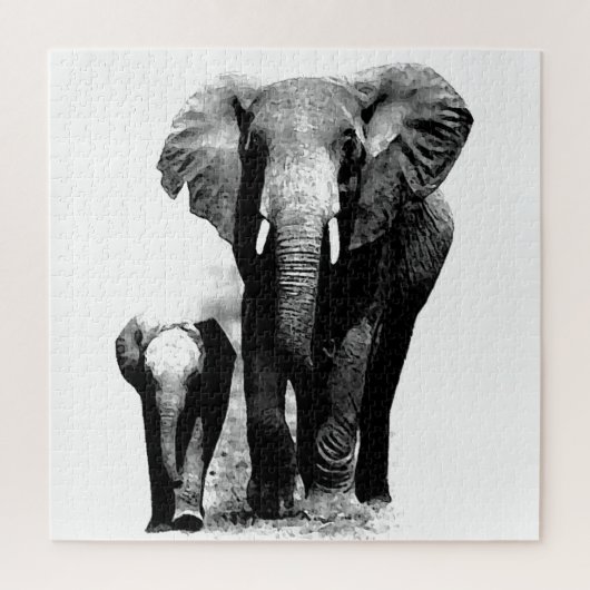 Puzzle Eléphant et bébé noir et blanc - Animaux Art (Vertical)