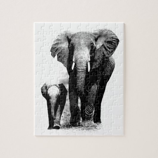 Puzzle Eléphant et bébé noir et blanc - Animaux Art (Vertical)