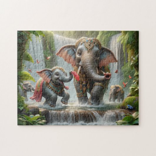 Puzzle Elephant Family Jungle Waterfall Happy Time (Horizontal)