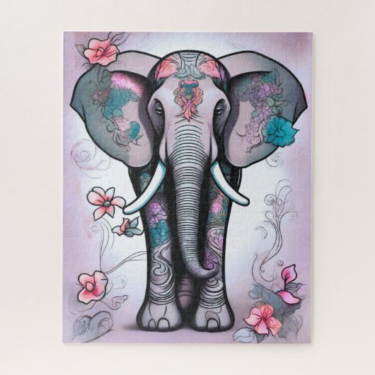 Puzzle Éléphant indien gris orné de fleurs (Vertical)