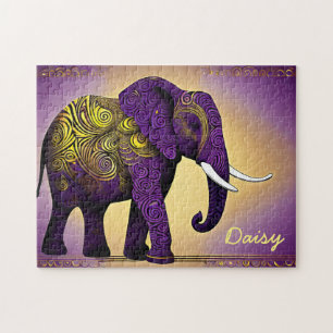 Puzzle Eléphant mauve majestueux avec des perles d'or