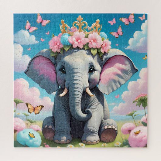 Puzzle Eléphant mignon avec couronne de fleurs (Vertical)